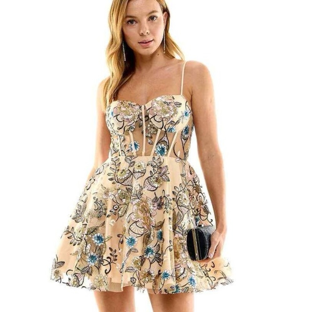 B Darlin Cream and Gold Fit and Flare Prom Dress